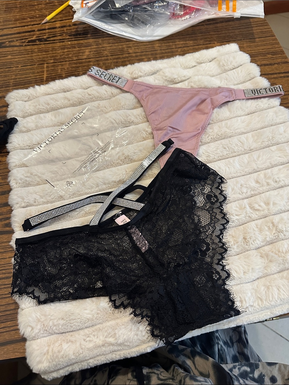 Victoria's Secret Pink Rhinestone Waistband Thong & Black Lace Bikini Set